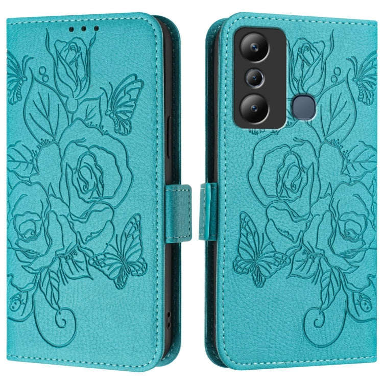 For Infinix Hot 20i Embossed Rose RFID Anti-theft Leather Phone Case(Light Blue)