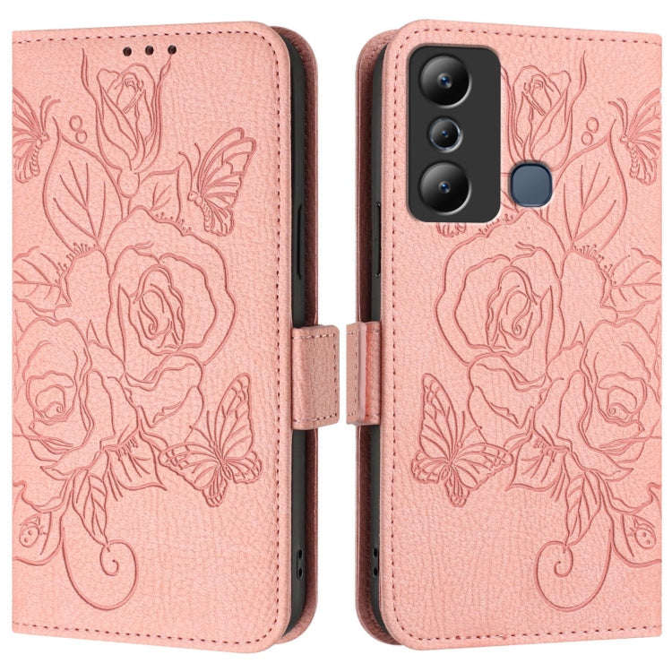 For Infinix Hot 20i Embossed Rose RFID Anti-theft Leather Phone Case(Pink)