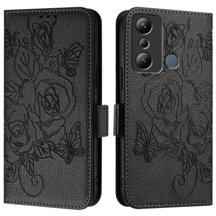 For Infinix Hot 20i Embossed Rose RFID Anti-theft Leather Phone Case(Black)