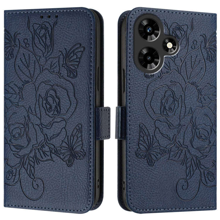 For Infinix Hot 30 4G Embossed Rose RFID Anti-theft Leather Phone Case(Dark Blue)