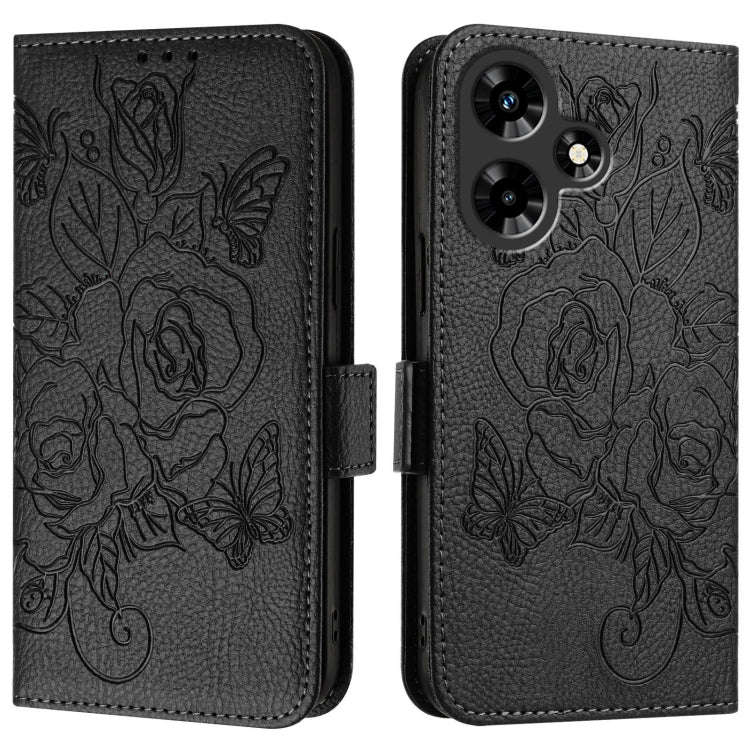 For Infinix Hot 30 4G Embossed Rose RFID Anti-theft Leather Phone Case(Black)