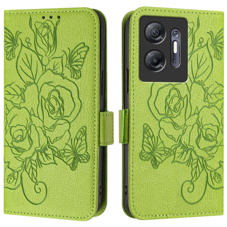 For Infinix Hot 30 5G Embossed Rose RFID Anti-theft Leather Phone Case(Green)