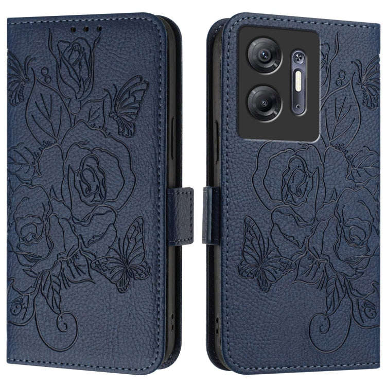 For Infinix Hot 30 5G Embossed Rose RFID Anti-theft Leather Phone Case(Dark Blue)