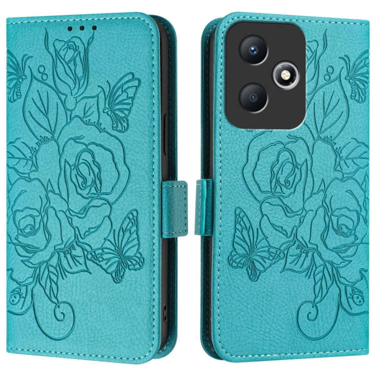 For Infinix Hot 30 Play / 30 Play NFC Embossed Rose RFID Anti-theft Leather Phone Case(Light Blue)