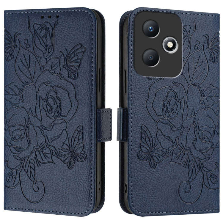 For Infinix Hot 30 Play / 30 Play NFC Embossed Rose RFID Anti-theft Leather Phone Case(Dark Blue)