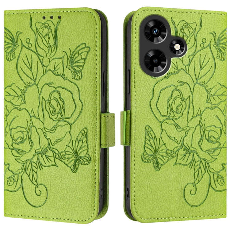 For Infinix Hot 30i Embossed Rose RFID Anti-theft Leather Phone Case(Green)