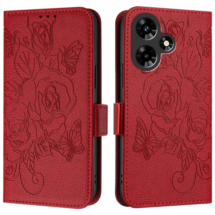 For Infinix Hot 30i Embossed Rose RFID Anti-theft Leather Phone Case(Red)