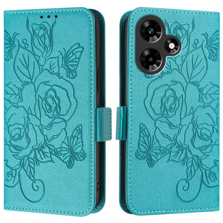 For Infinix Hot 30i Embossed Rose RFID Anti-theft Leather Phone Case(Light Blue)