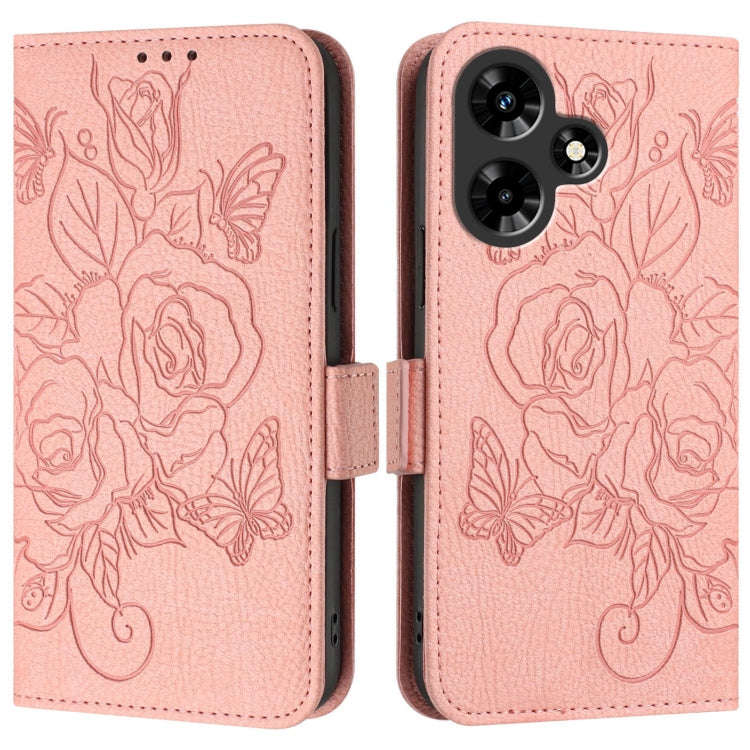 For Infinix Hot 30i Embossed Rose RFID Anti-theft Leather Phone Case(Pink)