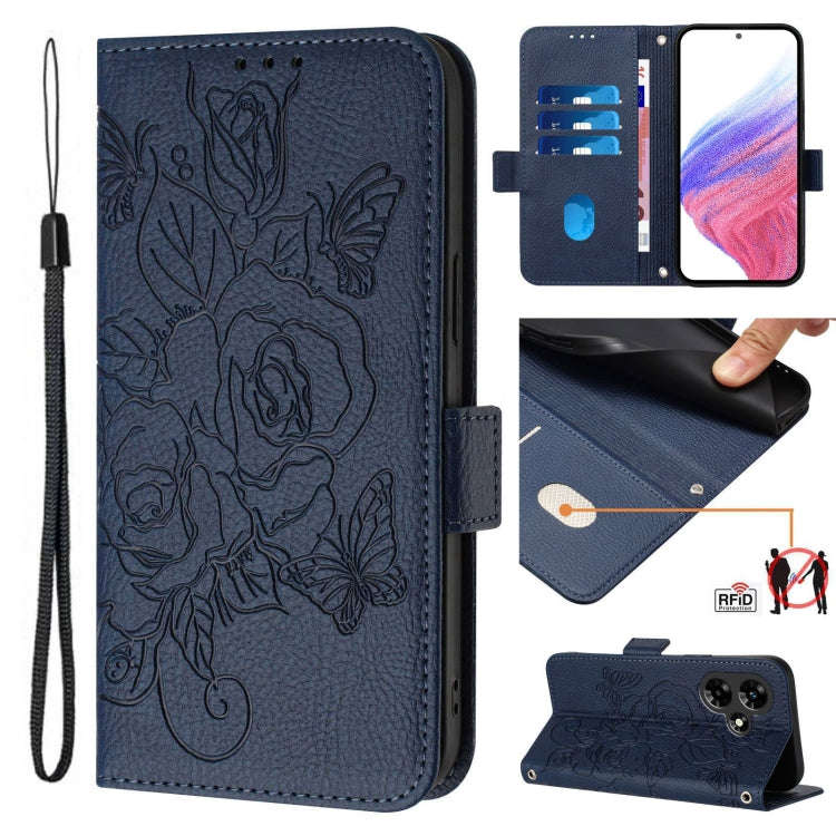 For Infinix Hot 30i Embossed Rose RFID Anti-theft Leather Phone Case(Dark Blue)