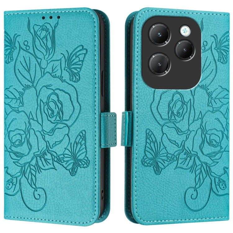 For Infinix Hot 40 / 40 Pro Embossed Rose RFID Anti-theft Leather Phone Case(Light Blue)