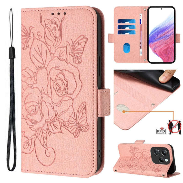 For Infinix Hot 40 / 40 Pro Embossed Rose RFID Anti-theft Leather Phone Case(Pink)