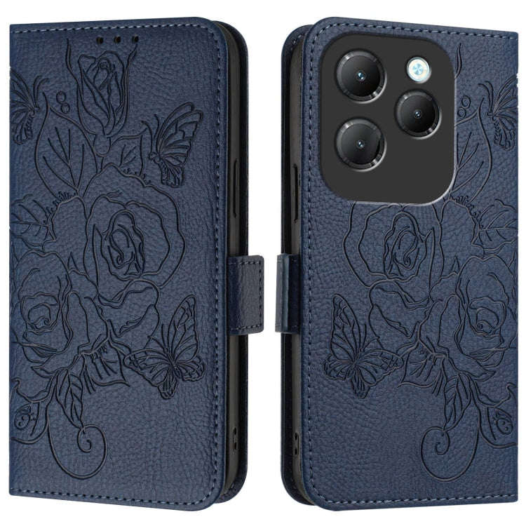 For Infinix Hot 40 / 40 Pro Embossed Rose RFID Anti-theft Leather Phone Case(Dark Blue)