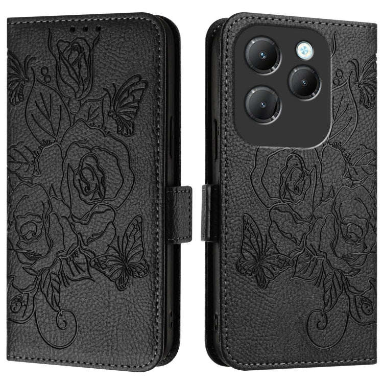 For Infinix Hot 40 / 40 Pro Embossed Rose RFID Anti-theft Leather Phone Case(Black)