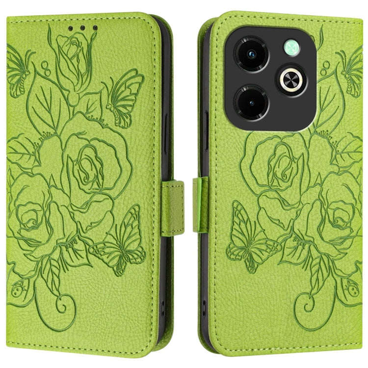 For Infinix Hot 40i Embossed Rose RFID Anti-theft Leather Phone Case(Green)