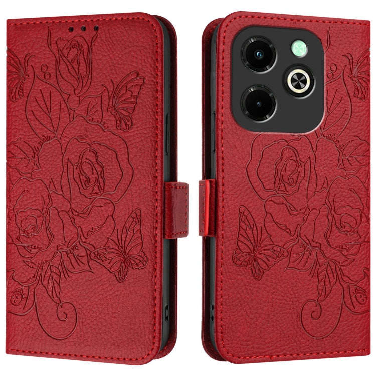 For Infinix Hot 40i Embossed Rose RFID Anti-theft Leather Phone Case(Red)