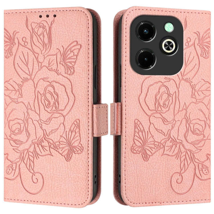 For Infinix Hot 40i Embossed Rose RFID Anti-theft Leather Phone Case(Pink)