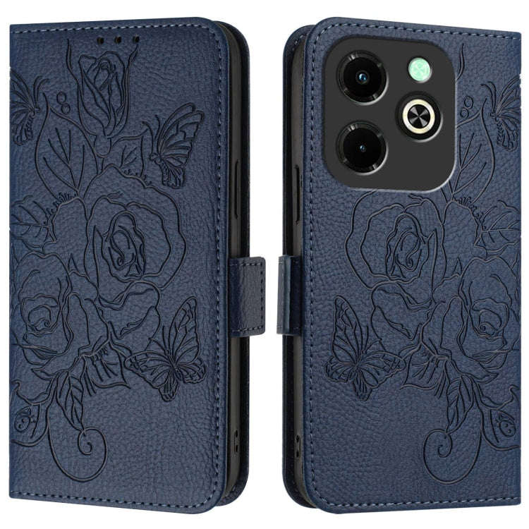 For Infinix Hot 40i Embossed Rose RFID Anti-theft Leather Phone Case(Dark Blue)