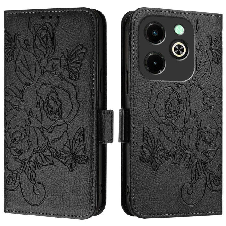 For Infinix Hot 40i Embossed Rose RFID Anti-theft Leather Phone Case(Black)