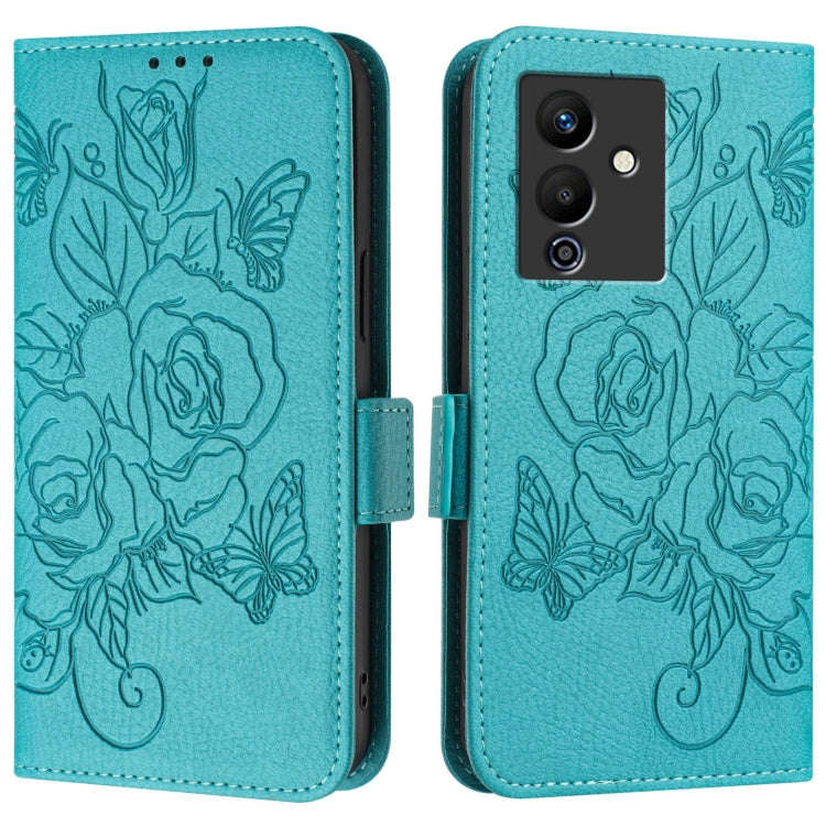 For Infinix Note 12 Pro 5G / Note 12 5G Embossed Rose RFID Anti-theft Leather Phone Case(Light Blue)