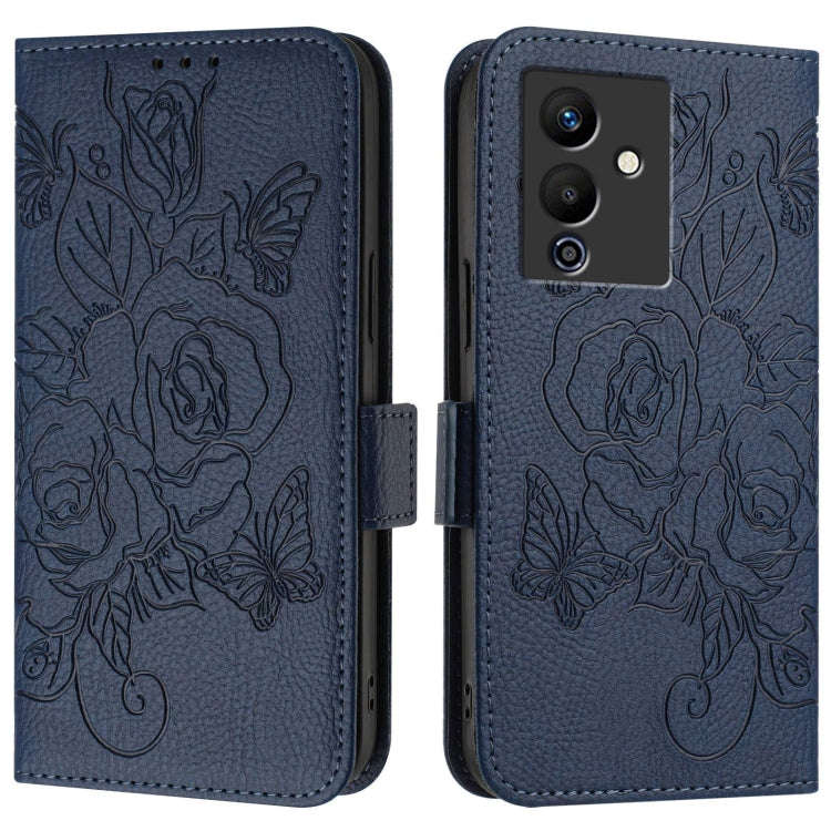 For Infinix Note 12 Pro 5G / Note 12 5G Embossed Rose RFID Anti-theft Leather Phone Case(Dark Blue)