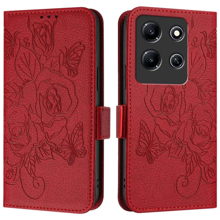 For Infinix Note 30i Embossed Rose RFID Anti-theft Leather Phone Case(Red)
