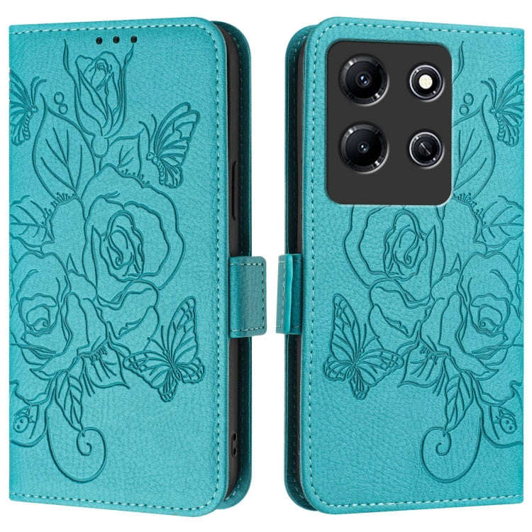 For Infinix Note 30i Embossed Rose RFID Anti-theft Leather Phone Case(Light Blue)
