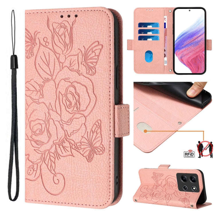 For Infinix Note 30i Embossed Rose RFID Anti-theft Leather Phone Case(Pink)
