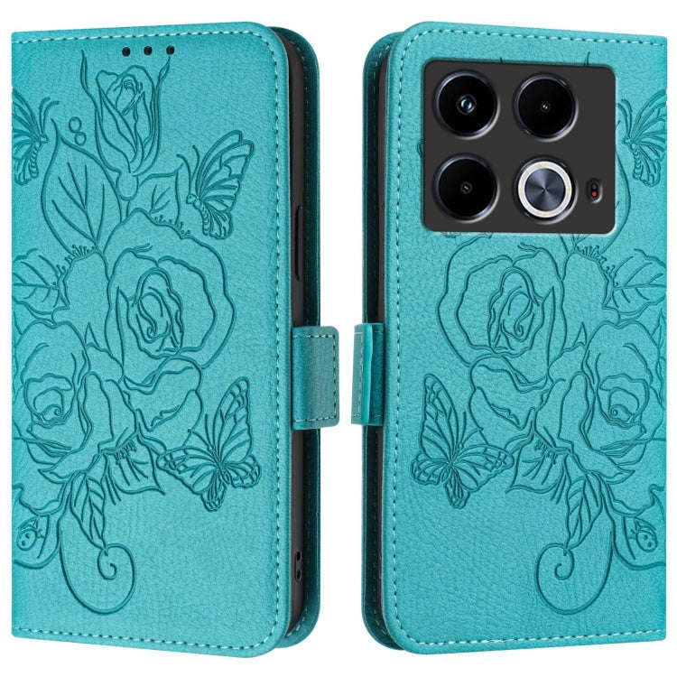 For Infinix Note 40 4G Embossed Rose RFID Anti-theft Leather Phone Case(Light Blue)
