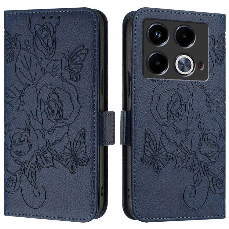 For Infinix Note 40 4G Embossed Rose RFID Anti-theft Leather Phone Case(Dark Blue)
