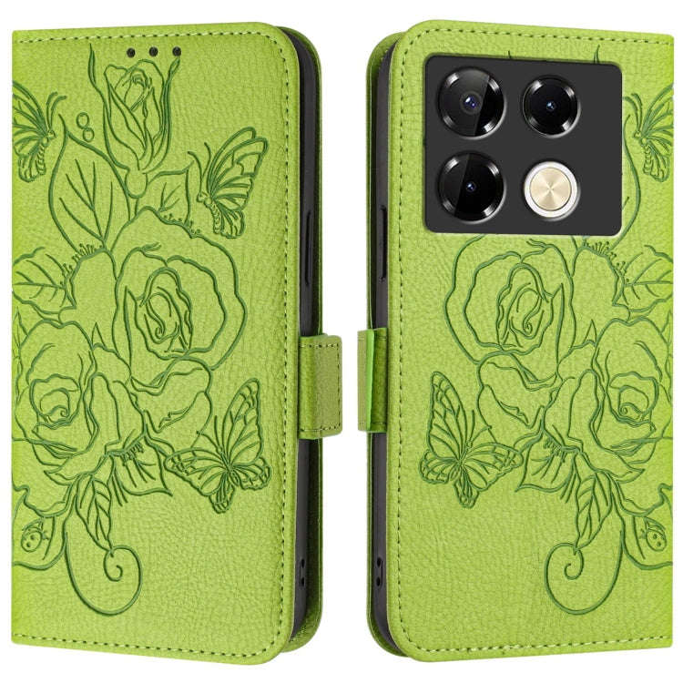For Infinix Note 40 Pro 4G Embossed Rose RFID Anti-theft Leather Phone Case(Green)