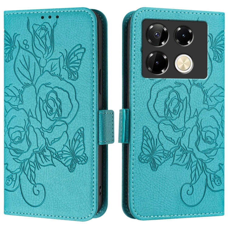 For Infinix Note 40 Pro 5G Embossed Rose RFID Anti-theft Leather Phone Case(Light Blue)