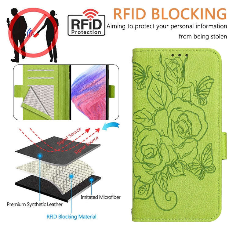 For Infinix Smart 7 Embossed Rose RFID Anti-theft Leather Phone Case(Green)