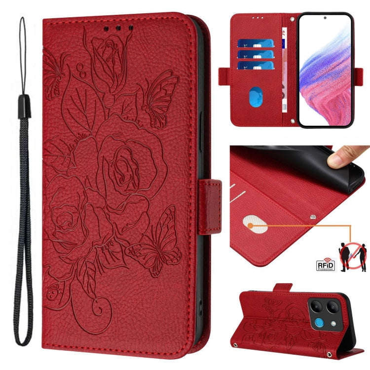 For Infinix Smart 7 Embossed Rose RFID Anti-theft Leather Phone Case(Red)