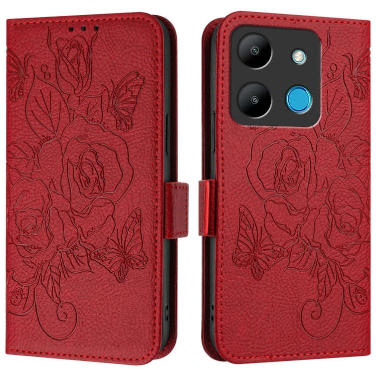 For Infinix Smart 7 Embossed Rose RFID Anti-theft Leather Phone Case(Red)