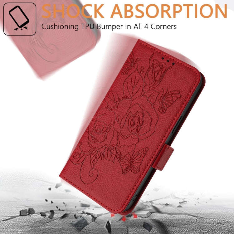 For Infinix Smart 7 Embossed Rose RFID Anti-theft Leather Phone Case(Red)