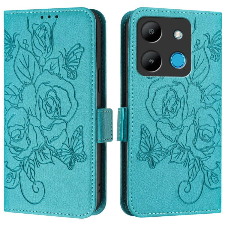 For Infinix Smart 7 Embossed Rose RFID Anti-theft Leather Phone Case(Light Blue)