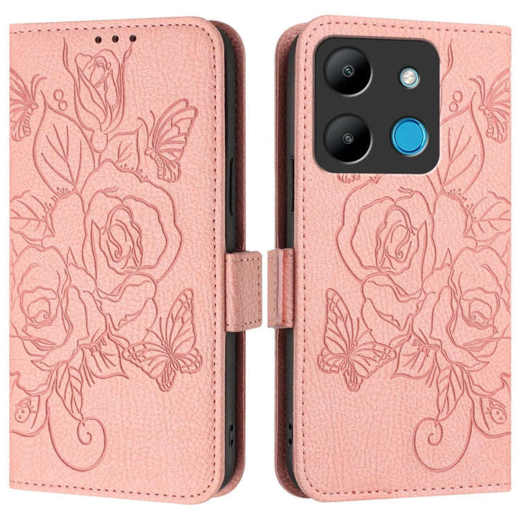 For Infinix Smart 7 Embossed Rose RFID Anti-theft Leather Phone Case(Pink)