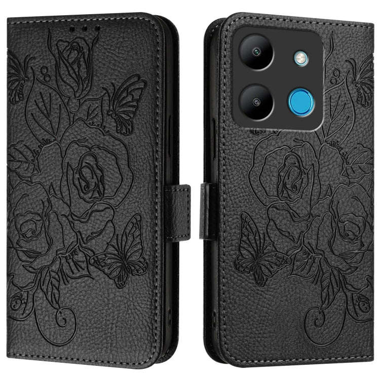 For Infinix Smart 7 Embossed Rose RFID Anti-theft Leather Phone Case(Black)