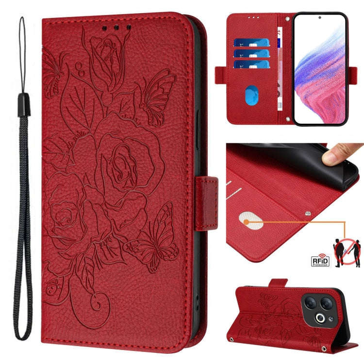 For Infinix Smart 8 Embossed Rose RFID Anti-theft Leather Phone Case(Red)