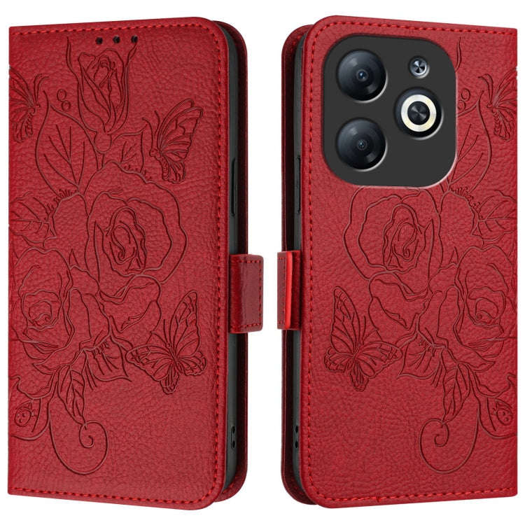 For Infinix Smart 8 Embossed Rose RFID Anti-theft Leather Phone Case(Red)