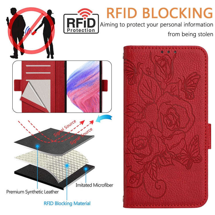 For Infinix Smart 8 Embossed Rose RFID Anti-theft Leather Phone Case(Red)