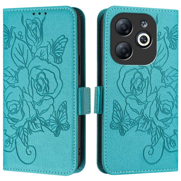 For Infinix Smart 8 Embossed Rose RFID Anti-theft Leather Phone Case(Light Blue)