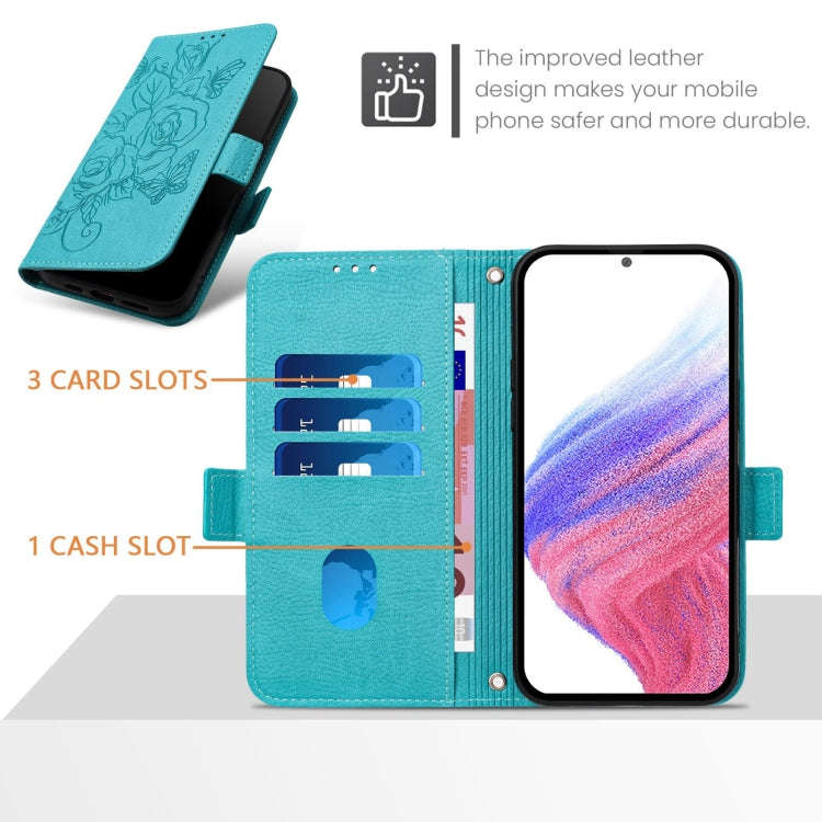 For Infinix Smart 8 Embossed Rose RFID Anti-theft Leather Phone Case(Light Blue)