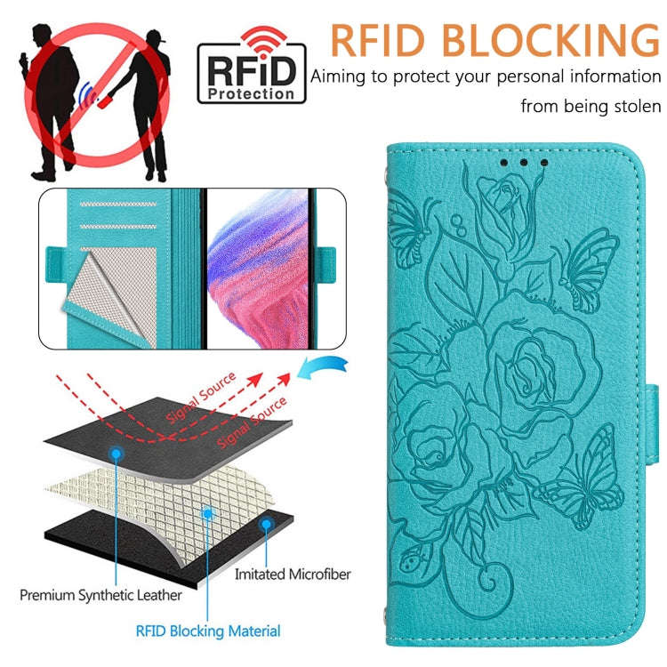 For Infinix Smart 8 Embossed Rose RFID Anti-theft Leather Phone Case(Light Blue)