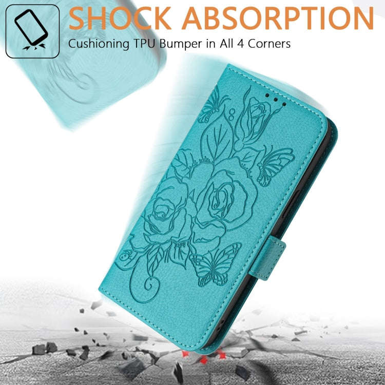 For Infinix Smart 8 Embossed Rose RFID Anti-theft Leather Phone Case(Light Blue)