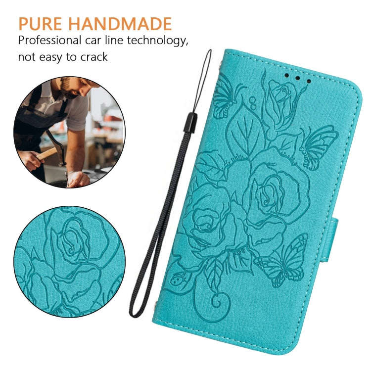 For Infinix Smart 8 Embossed Rose RFID Anti-theft Leather Phone Case(Light Blue)