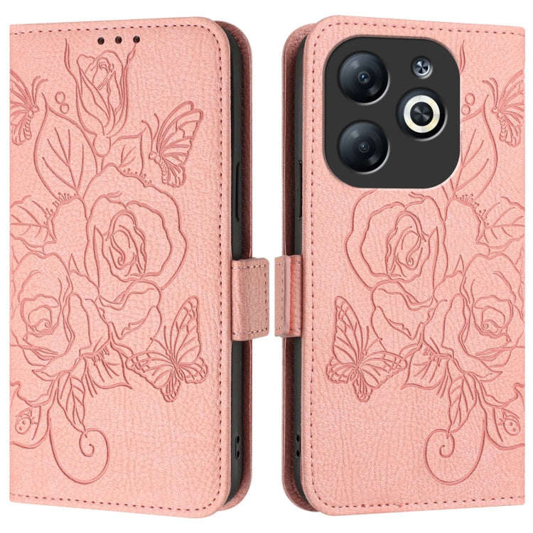For Infinix Smart 8 Embossed Rose RFID Anti-theft Leather Phone Case(Pink)