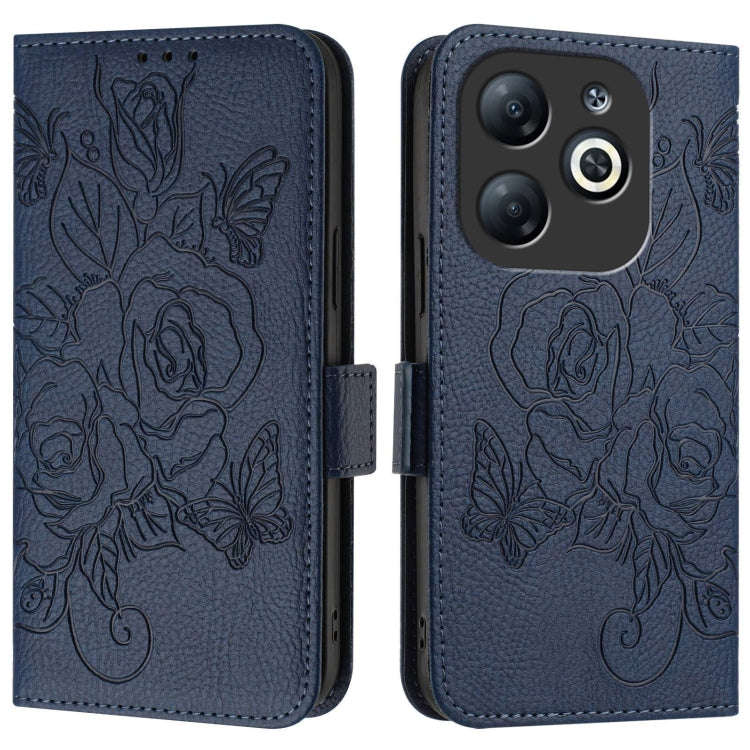 For Infinix Smart 8 Embossed Rose RFID Anti-theft Leather Phone Case(Dark Blue)