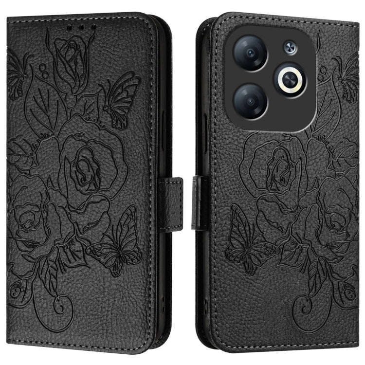 For Infinix Smart 8 Embossed Rose RFID Anti-theft Leather Phone Case(Black)